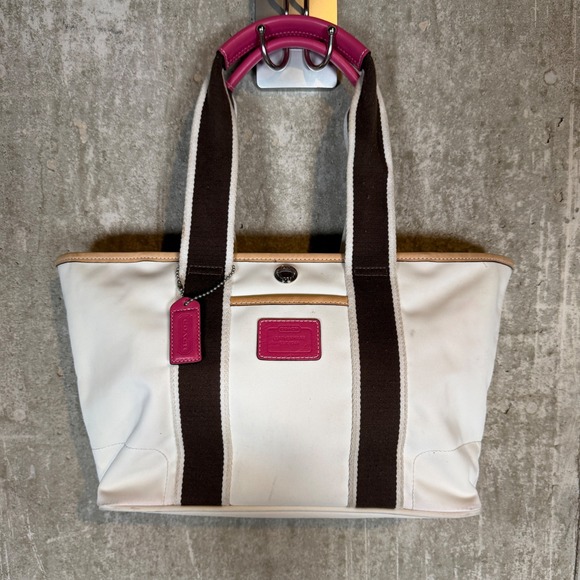 Coach Handbags - Coach 6261 reversable White Canvas Tote Bag Brown Stripe Pink Leather vtg Y2K